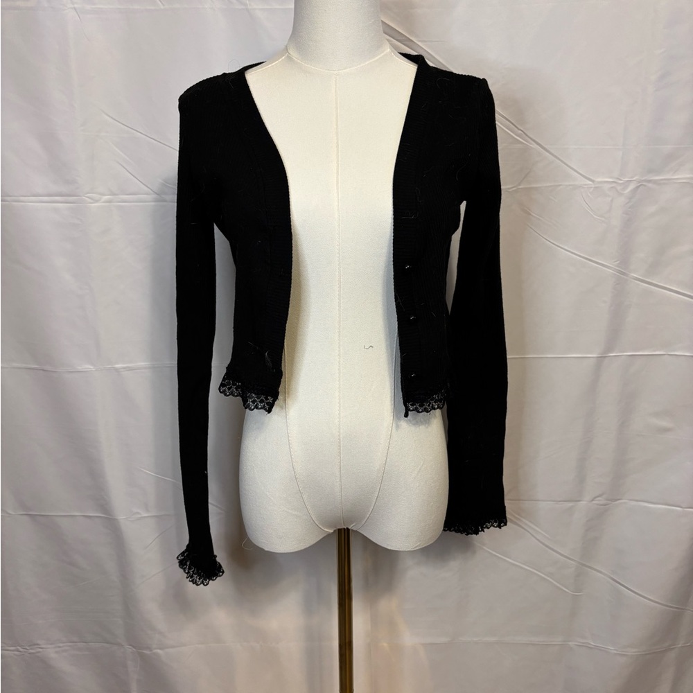 Black Ribbed Lace Trim Cropped Cardigan Size Large Y2K Goth Coquette